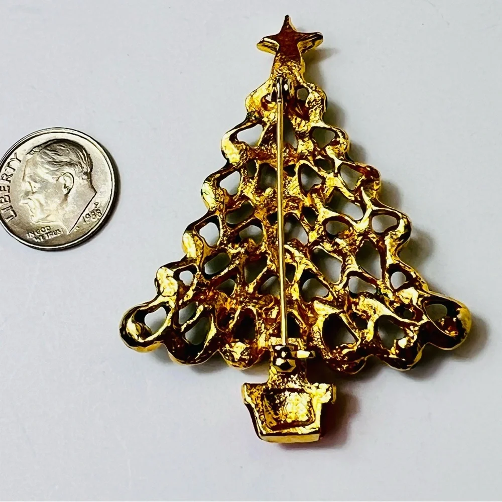 COLORFUL CHRISTMAS TREE BROOCH PIN GOLD